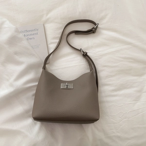 Detailed macro of the taupe lychee leather texture and silver buckle on the hobo bag