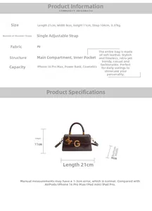 Detailed view of dark brown PU handbag showing G-buckle and 21x8x11cm dimensions