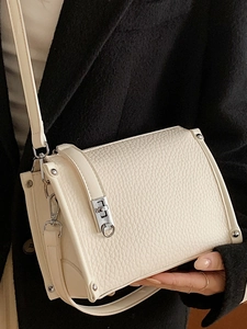 Minimalist cream white lychee leather square crossbody bag with silver hardware for women