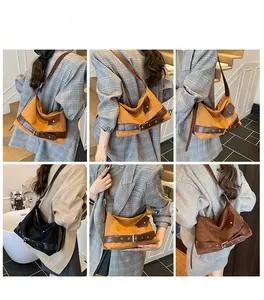 Trois vues de sacs hobo en daim rétro en jaune, noir et marron portés par un mannequin