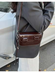 Detail of dark brown polished leather saddle bag with long fringe knot and buckle
