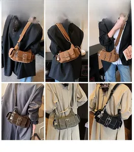 Detailed views of multi-pocket vintage shoulder bags in brown, green, and black leather