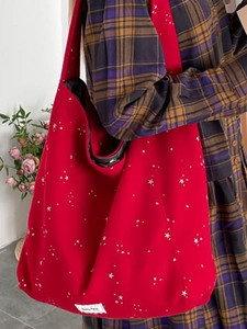 Minimalist red canvas shoulder bag with white star pattern and large capacity for women
