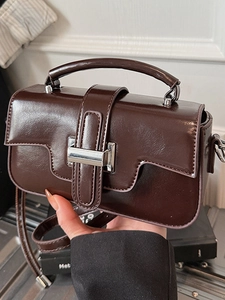 Women's Glossy PU Leather Crossbody Bag Urban Minimalist Square Handbag With Silver Metal Buckle Solid Color Shoulder Bag