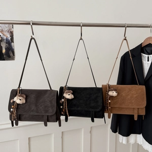 Vintage matte suede tote bags in grey black and brown with cute plush bear charms