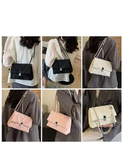 Detailed views of quilted chain bags in black, white, and pink showing crossbody wear