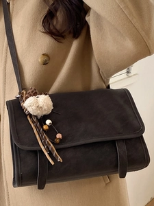 Retro brown large capacity messenger bag with plush sheep charm and leopard bow on wool coat
