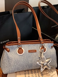 Minimalistische Damen Denim PU Leder Achseltasche Mode Patchwork Schultertasche Mit Sternanhänger Urban Daily Commute Handtasche