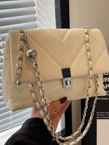 Urban Minimalist Women V-Shaped Quilted PU Leather Chain Shoulder Bag Stylish Square Lock Crossbody Bag Messenger Bag