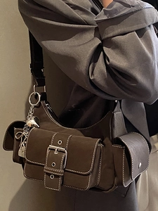 Chic dark brown vintage style shoulder bag with pockets and silver heart charm pendant