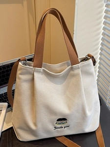 Japanese Style Cartoon Embroidered Canvas Tote Bag For Women Large Capacity Shoulder Handbag Literary Commuting Bag