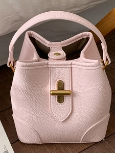 Litchi Grain PU Leather Bucket Bag For Women Urban Minimalist Style Retro Gold Turn Lock Crossbody Shoulder Bag Handbag