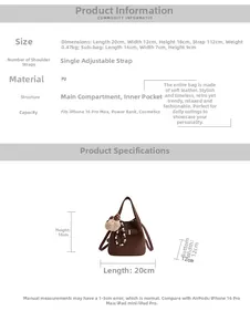 Brown PU bucket bag size guide showing 20x12x18cm dimensions with pearl chain detail