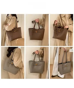 Detail shots showing multi-angle styling of the large capacity leather tote with metal clasp