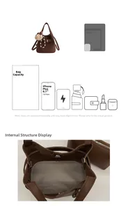 Deep brown litchi pattern bucket bag featuring interior storage and magnetic closure