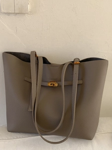 Classic grey pebbled leather tote bag with vintage metal lock and long shoulder straps