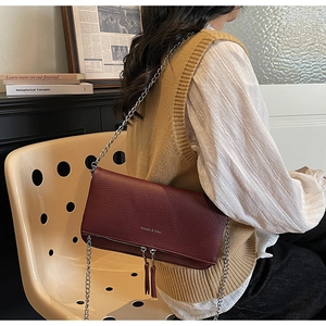 Detail of burgundy textured leather bag with dual tassels and silver chain strap