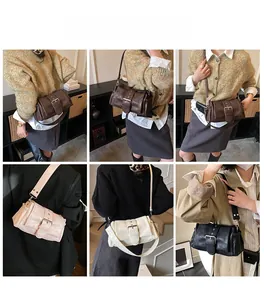 Detailed views of vintage baguette shoulder bags in four colors on fashion models