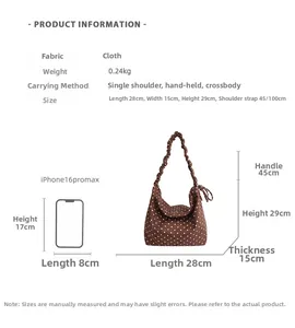 Tabella taglie borsa in tela a pois con dimensioni 28x15x29cm e confronto iPhone