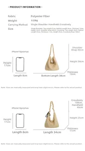 Tabella taglie dettagliata per borsa tote in lana beige con dimensioni e tracolla