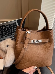 Mode Simple Femmes Motif Litchi Sac Seau en Cuir PU Minimaliste Couleur Unie Sac à Main Avec Serrure Métallique Sac Bandoulière