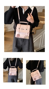 Detailed views of a pink cartoon backpack with ladybug embroidery and HELAHE branding