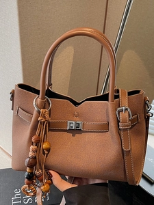 Sac à Main en Cuir PU Rétro pour Femmes Sac Cabas Grande Capacité Sac à Épaule de Navettage Avec Ornement Perles de Bois Carré