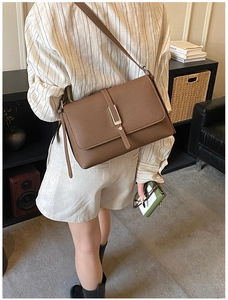 Detail of a brown lychee pattern leather crossbody bag with a silver metal buckle