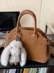 Women's Vintage PU Leather Handbag Solid Color Large Capacity Crossbody Shoulder Bag With Plush Rabbit Pendant Commuter Satchel