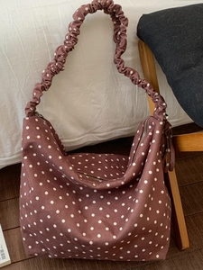 Borsa Tote da Donna in Tela a Pois Retro Grande Capacità Borsa a Tracolla Casual Con Tracolla Arricciata per Pendolare