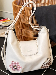 Retro cream white large hobo shoulder bag with floral embroidery and knot strap