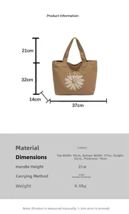 Detailed dimension guide for brown canvas tote bag with embroidered daisy floral pattern