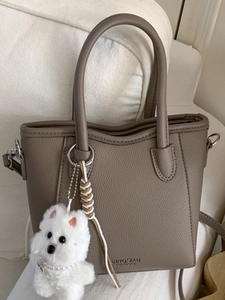 Women Retro PU Leather Bucket Bag With Plush Dog Charm Lychee Pattern Handbag Fashion Crossbody Bag For Daily Commuting