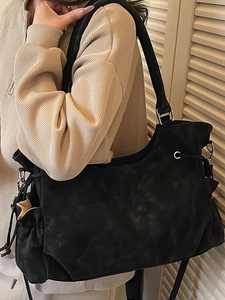 Retro black large capacity tote bag with drawstring detail in matte faux suede finish