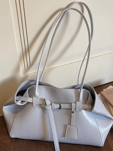 Minimalist light purple glossy leather tote bag with double straps and wave-shaped opening