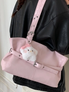 Pink PU leather tote bag with metallic buckle straps and cute plush kitty charm