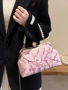 Pink satin evening bag with floral embroidery and pearl handle for cheongsam outfit