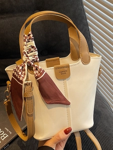Women's Chic PU Leather Bucket Bag Minimalist Large Capacity Shoulder Crossbody Handbag With Silk Scarf Decor Spring Fashion