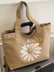 Sac Fourre-tout en Toile Décontracté pour Femmes Grande Capacité Broderie Marguerite Design de Lettres Sac à Bandoulière