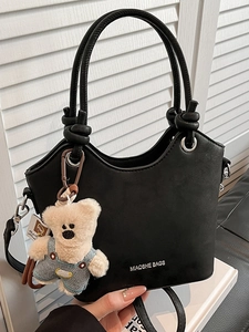 Women Urban Minimalist PU Leather Bucket Bag With Bear Pendant Knot Handle Stylish Casual Commuter Shoulder Crossbody Bag