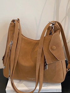 Women Large Capacity PU Leather Tote Bag Minimalist Commuting Shoulder Underarm Handbag With Small Pendant Pocket Purse