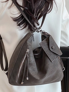 Large dark brown soft leather tote bag with silver chain strap and mini pouch