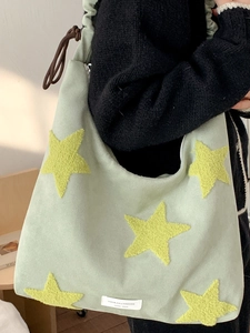 Chic Korean style large capacity green tote bag with yellow star patch for casual commuting