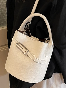 White litchi pattern leather bucket bag with silver metal buckle and handle