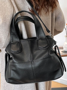 Classic black pebbled leather handbag with silver hardware and detachable long strap for women