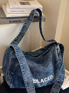 Women Large Capacity Denim Tote Bag Casual Washed Denim Shoulder Bag With REPLACED Letter Print Fashion Crossbody Handbag