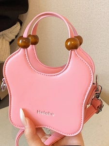 Sac à main papillon en cuir PU rose avec perles en bois et une bandoulière amovible
