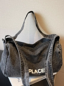 Retro washed denim tote bag with PLACE lettering print and large capacity shoulder straps