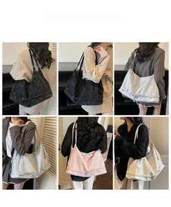Collage of model wearing various colors of large capacity leather tote bags for commuting