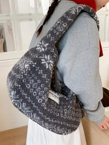 Sac fourre-tout jacquard à motif flocon de neige ethnique en laine grise pour femmes
